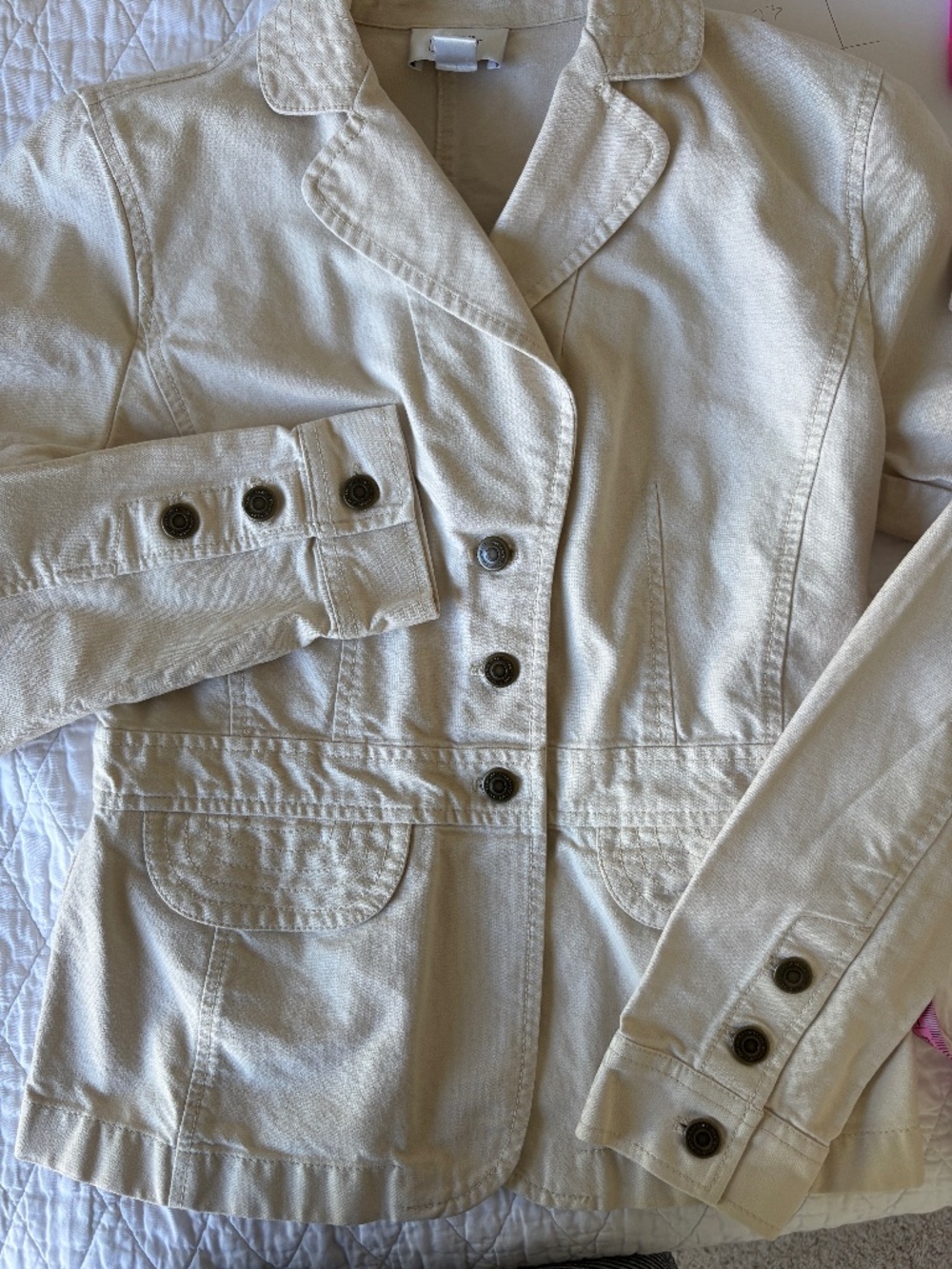 Ann Taylor LOFT Cream Twill Blazer Jacket Brass Buttons Stitch Detail